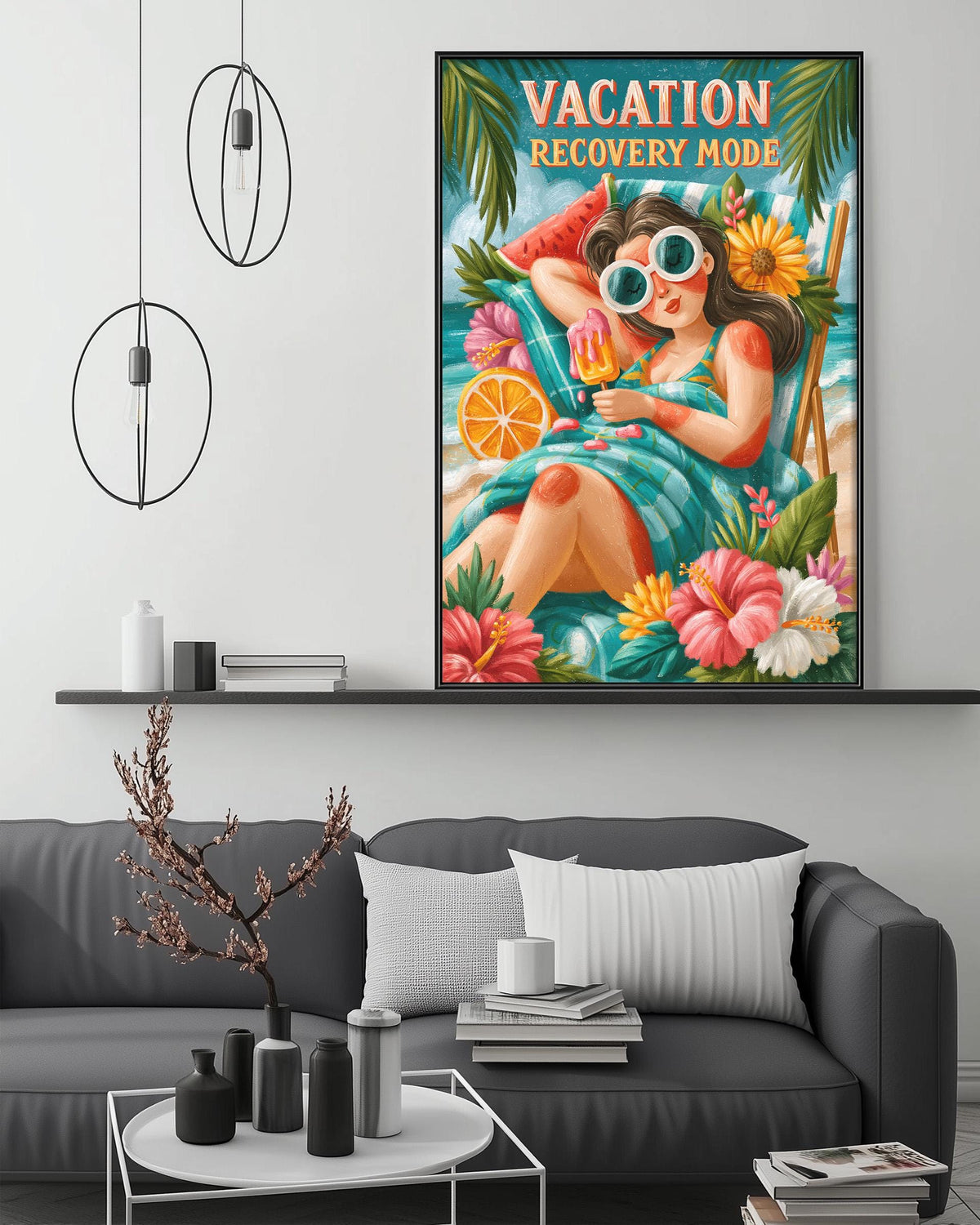 a large, colorful poster of a woman in a tropical setting, with the text "VACATION RECOVERY MODE" prominently displayed. The poster is hanging on a wall above a gray couch, which is decorated with various items such as a potted plant, vases, and books. The overall scene conveys a sense of relaxation and vacation.