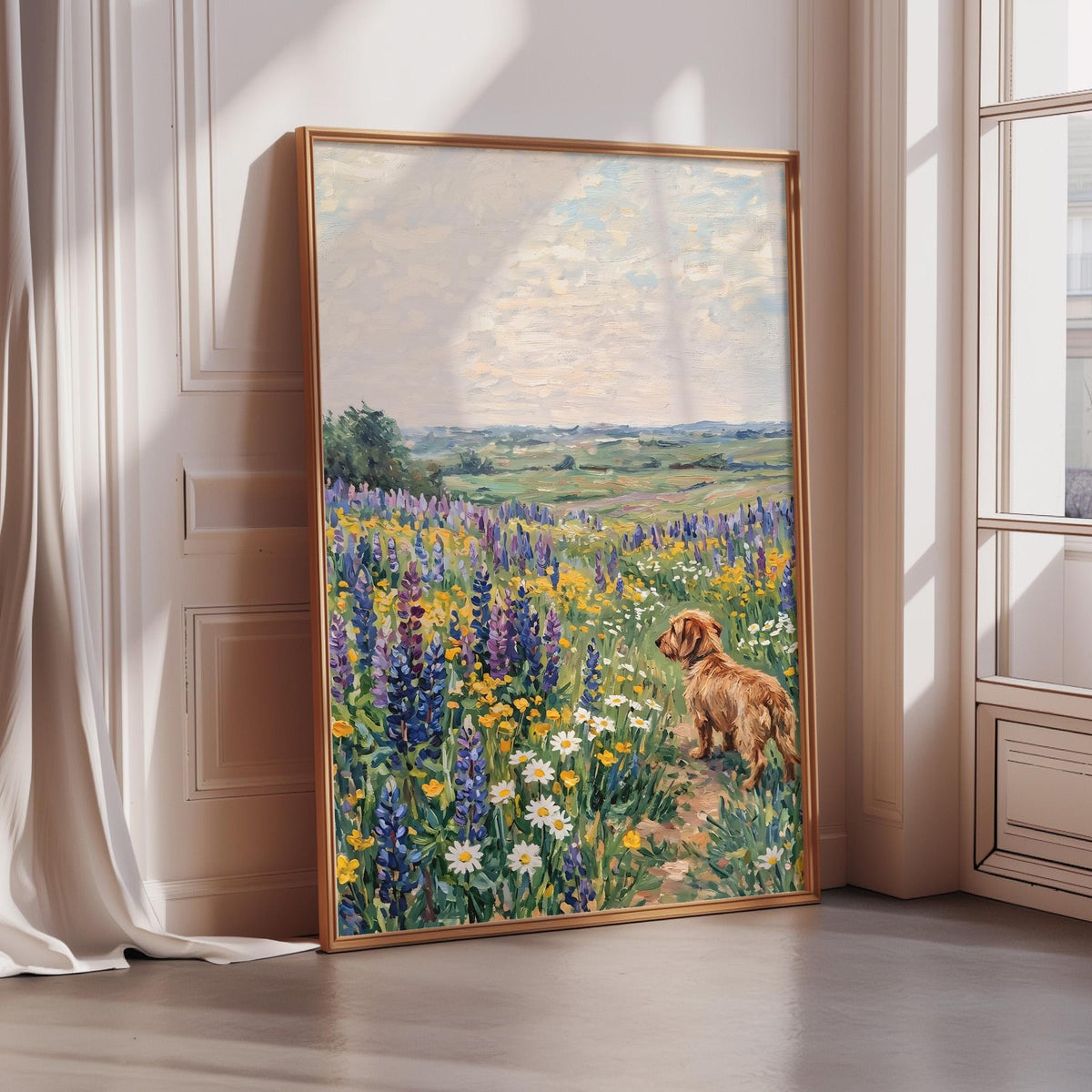 A large painting of a dog standing in a field of colorful flowers, with a cloudy sky in the background.