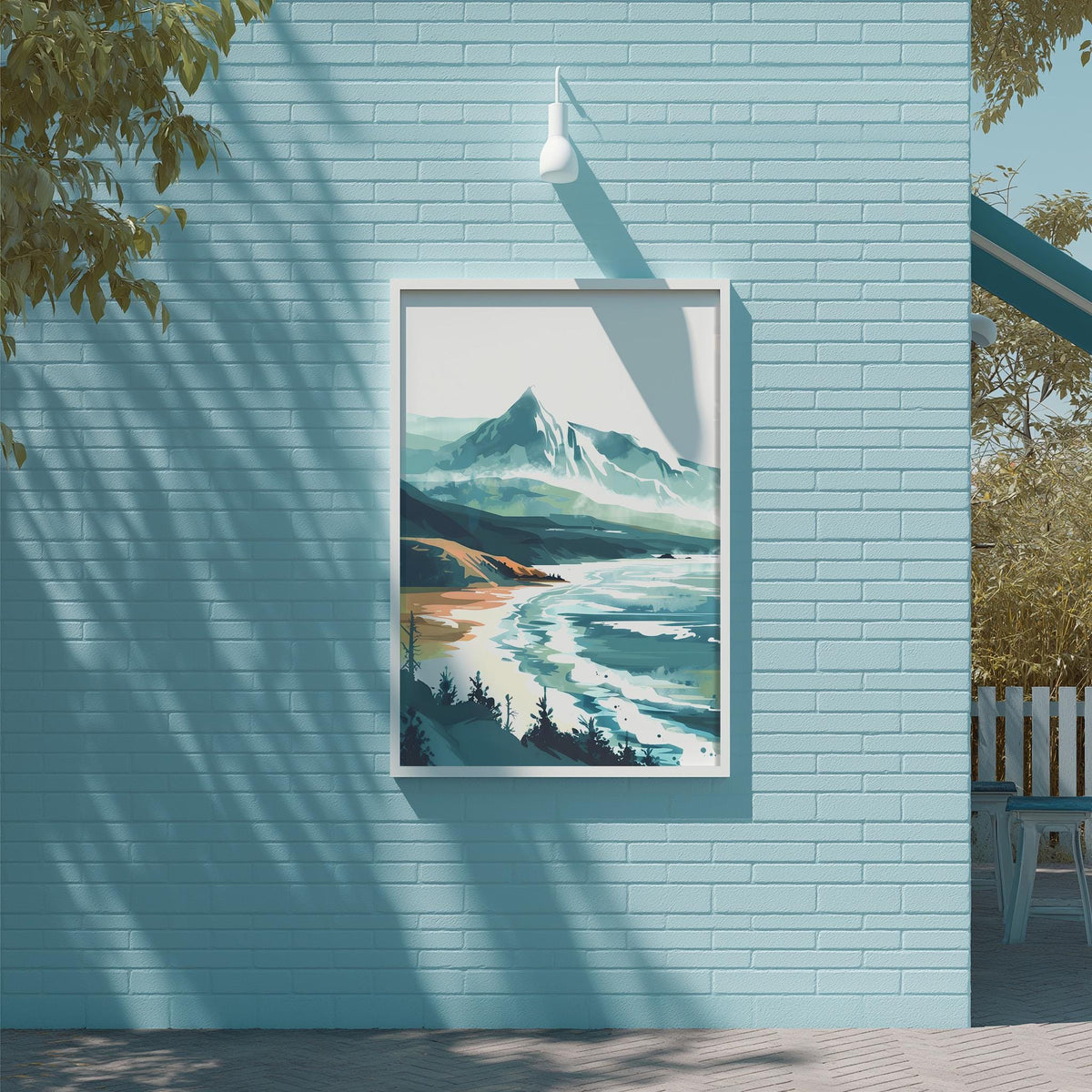 a blue brick wall with a framed landscape painting hanging on it. The painting depicts a serene mountain landscape with a body of water and trees in the background.