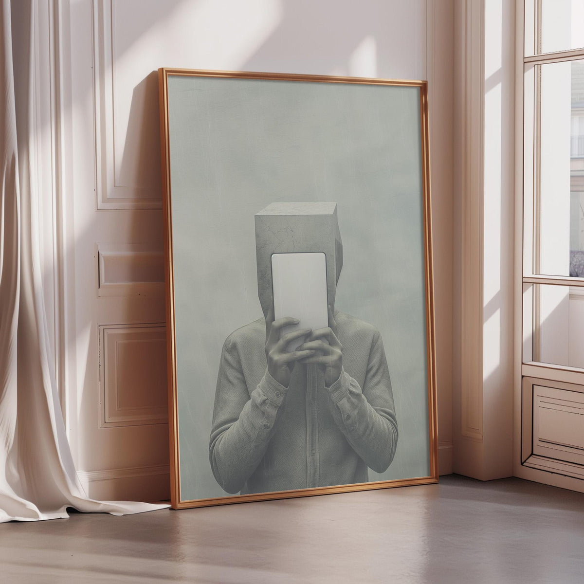 a person holding a white object in front of their face, as depicted in a framed artwork.