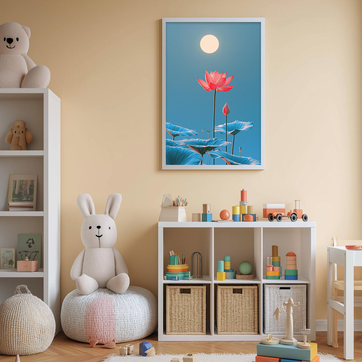 A cozy children's room with a white rabbit sitting on a bean bag chair, surrounded by shelves filled with toys and books, and a framed picture of a lotus flower on the wall.