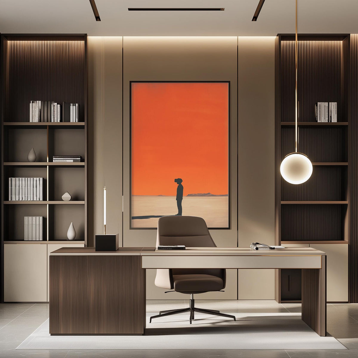 a modern and minimalist office space with a large wooden desk, a comfortable-looking chair, and a striking orange and black abstract painting on the wall.