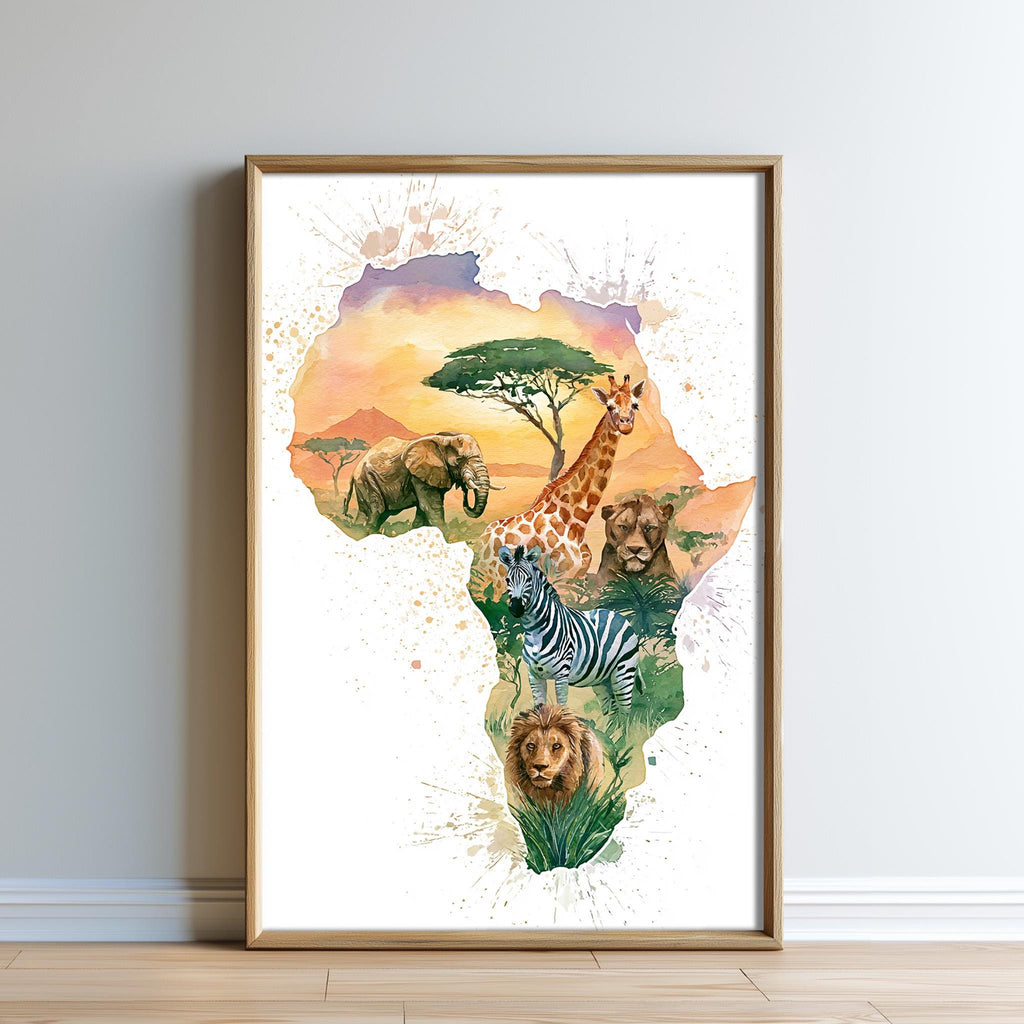 The image is a framed print depicting various African animals, including an elephant, giraffe, lion, and zebra, set against the backdrop of the African continent.