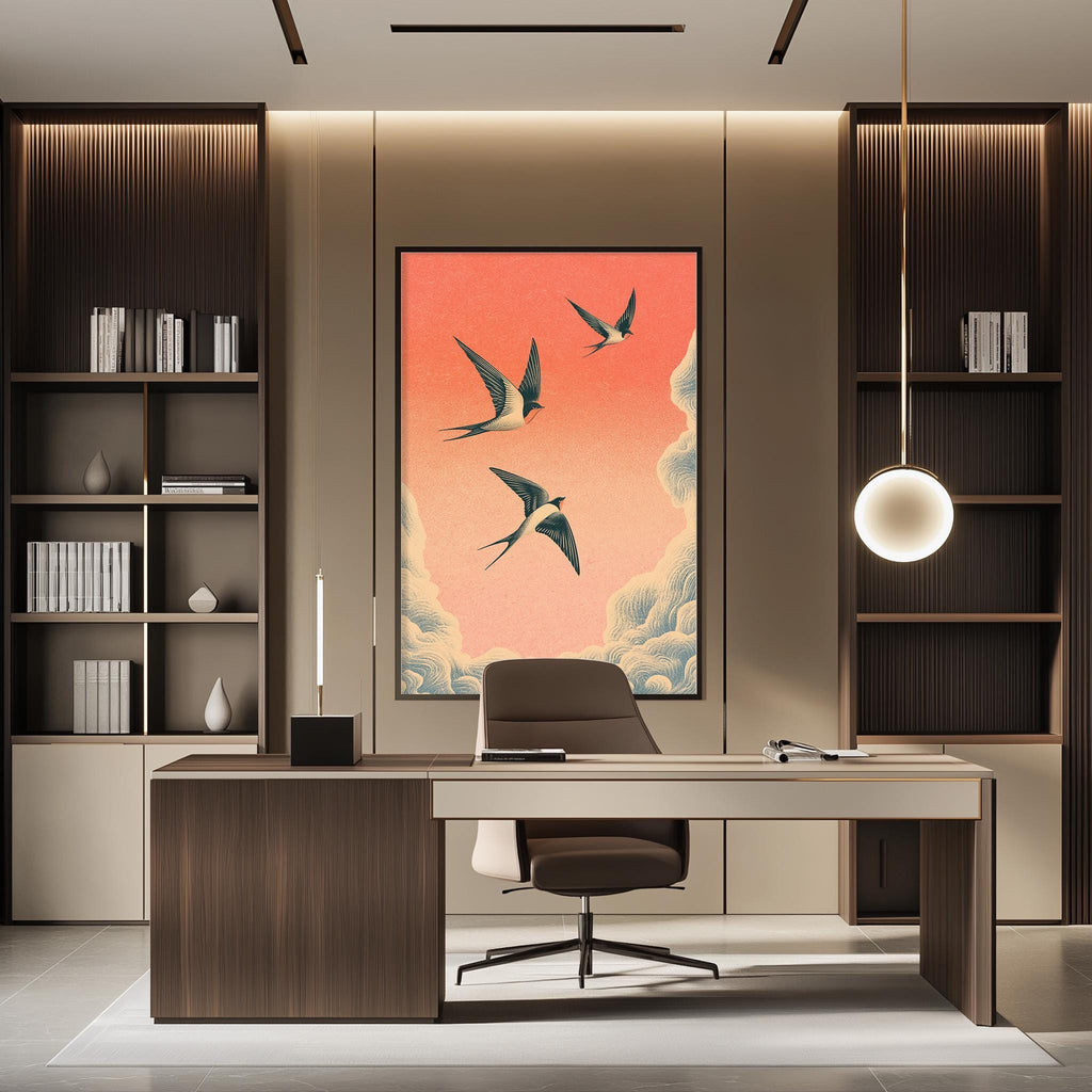 a modern and stylish office space with a large framed artwork of three birds in flight on the wall, a wooden desk with a chair, and built-in bookshelves.