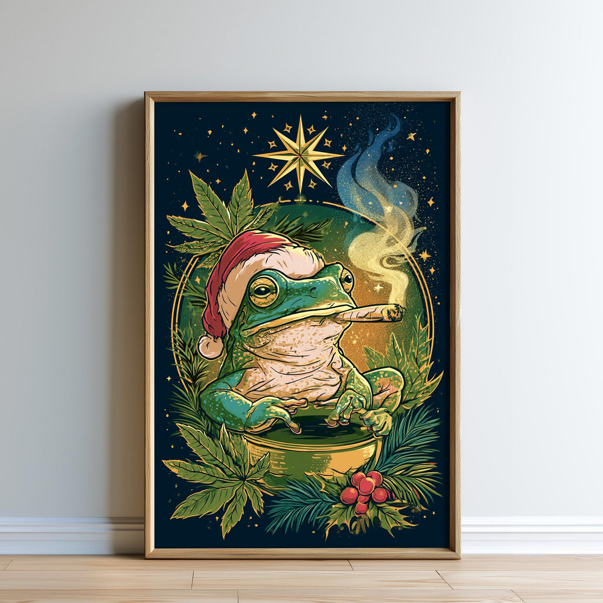 A framed illustration depicting a frog wearing a Santa hat and smoking a pipe, surrounded by a starry night sky, plants, and a golden star.