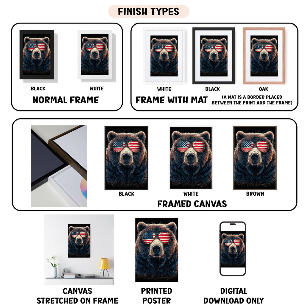 various finish types for a bear wearing sunglasses, including a normal frame, a frame with a mat, a black frame, a white frame, a black frame, a white framed canvas, a stretched canvas, a printed poster, and a digital download only.