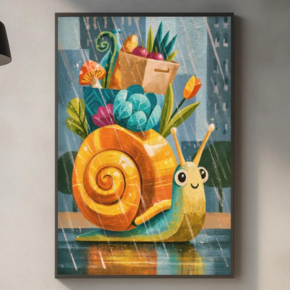 a kitchen counter with a framed painting of a snail on it, surrounded by various kitchen items such as a cutting board, a bottle, and a bowl.