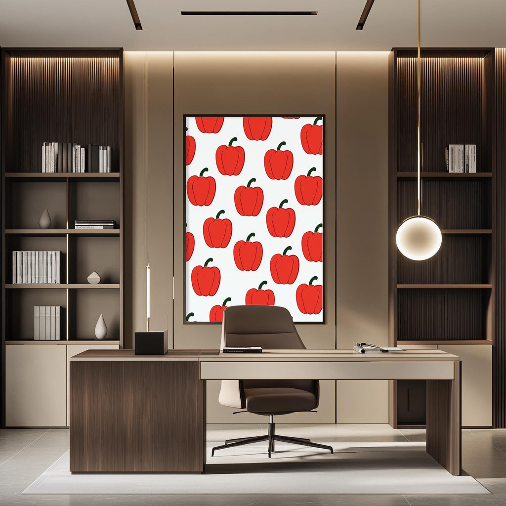 a modern office space with a large framed print of red apples on the wall, a wooden desk with a chair, and built-in bookshelves.