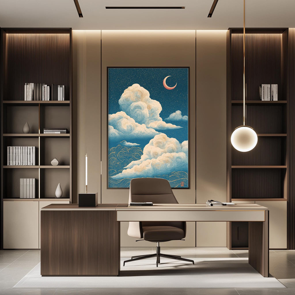 a modern and minimalist office space with a large framed artwork of a cloudy sky and a crescent moon on the wall. The office features a wooden desk, a comfortable-looking chair, and a pendant light above the desk. The room also includes built-in bookshelves and a large window, creating a serene and organized atmosphere.