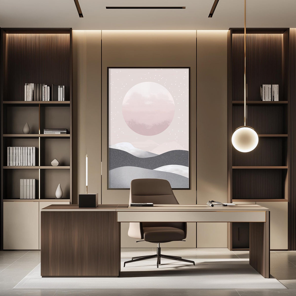 a modern and minimalist office space with a large window, wooden furniture, and a minimalist design aesthetic.
