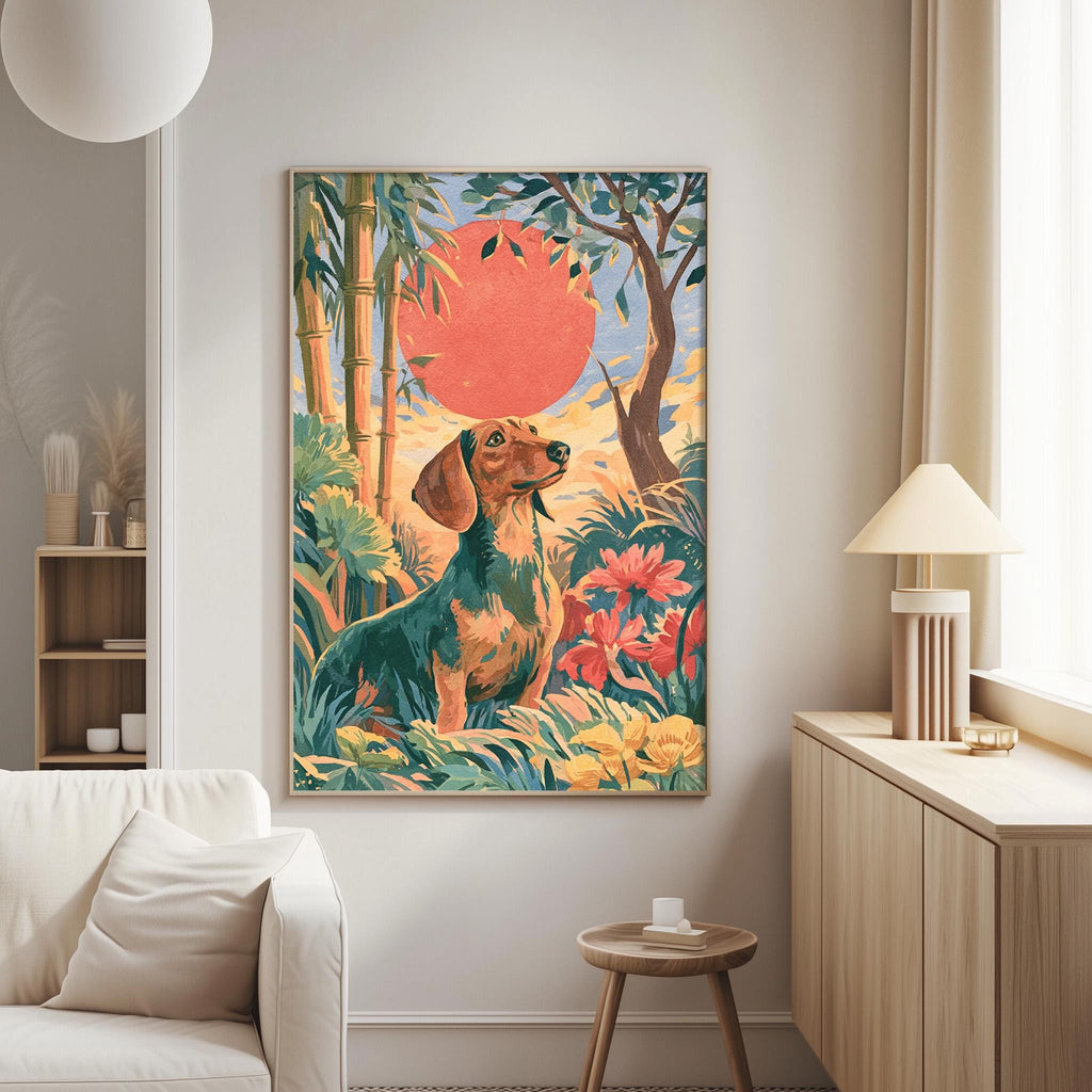 a large painting of a dog sitting in a lush, tropical setting with a red sun in the background.