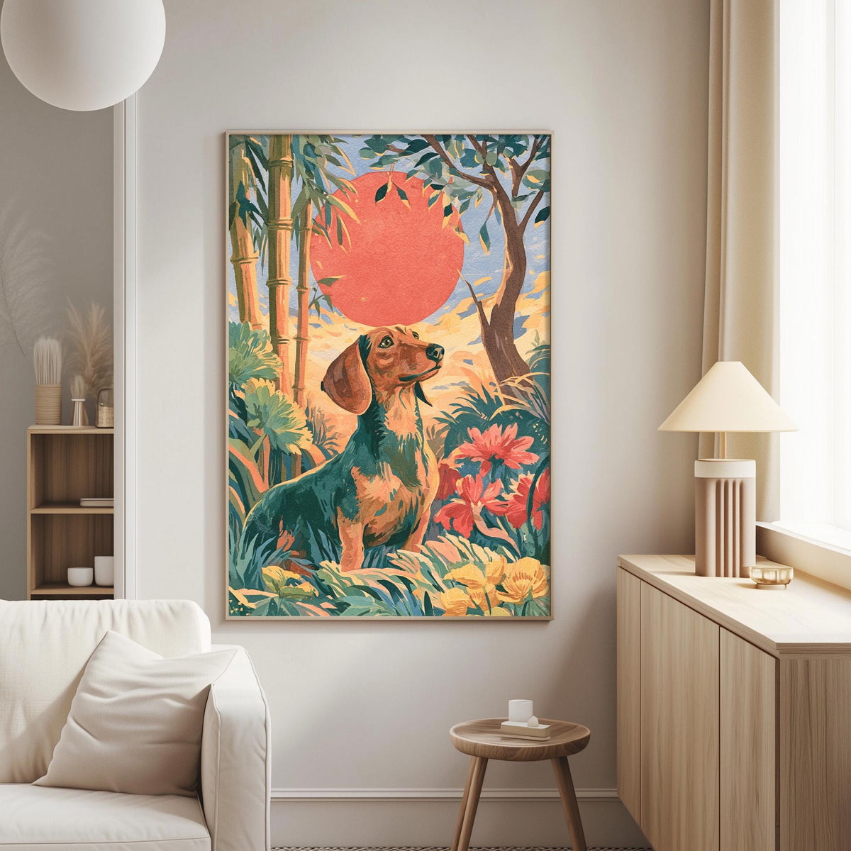 a large painting of a dog sitting in a lush, tropical setting with a red sun in the background.