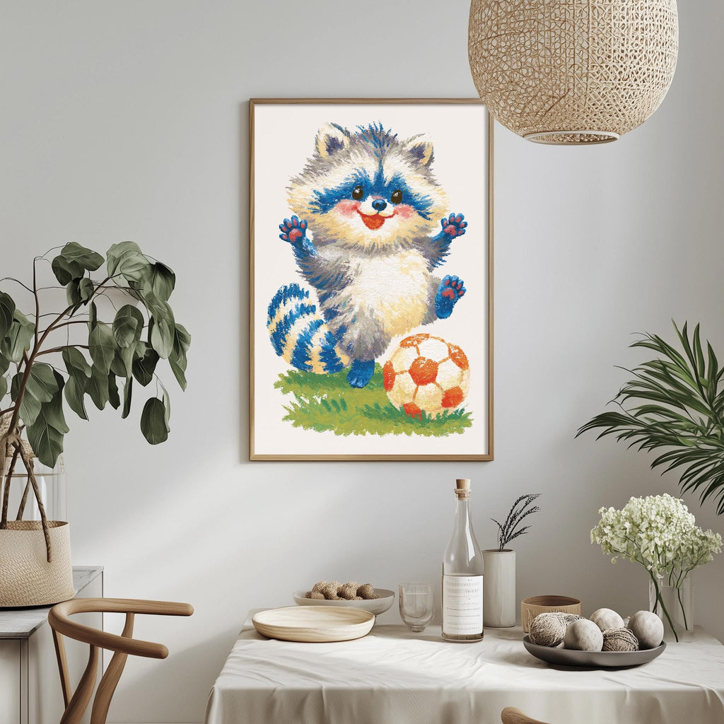 a framed painting of a raccoon holding a soccer ball, hanging on a wall above a dining table with various items on it.
