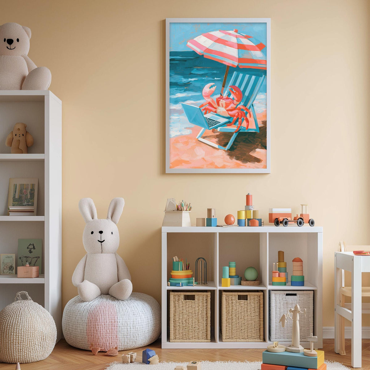 A child's bedroom with a large stuffed bunny, a toy chair with a crab, and a framed painting of a beach scene. The room also contains shelves with toys and storage bins.