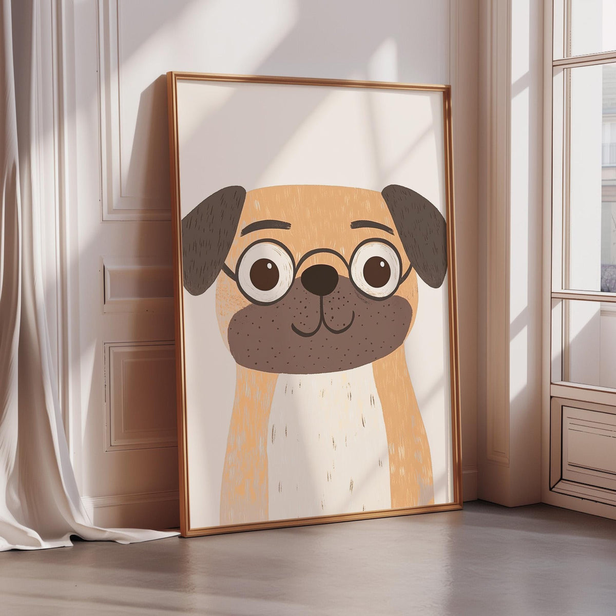 A framed illustration of a pug dog with glasses is displayed on a wall in a room with a window.