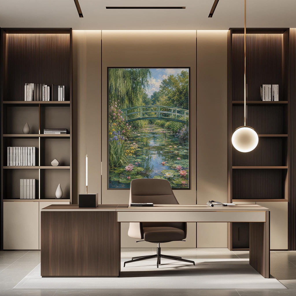 a modern office space with a large painting of a serene waterway and bridge hanging on the wall. The office features a wooden desk, a comfortable chair, and a bookshelf filled with books and decorative items.
