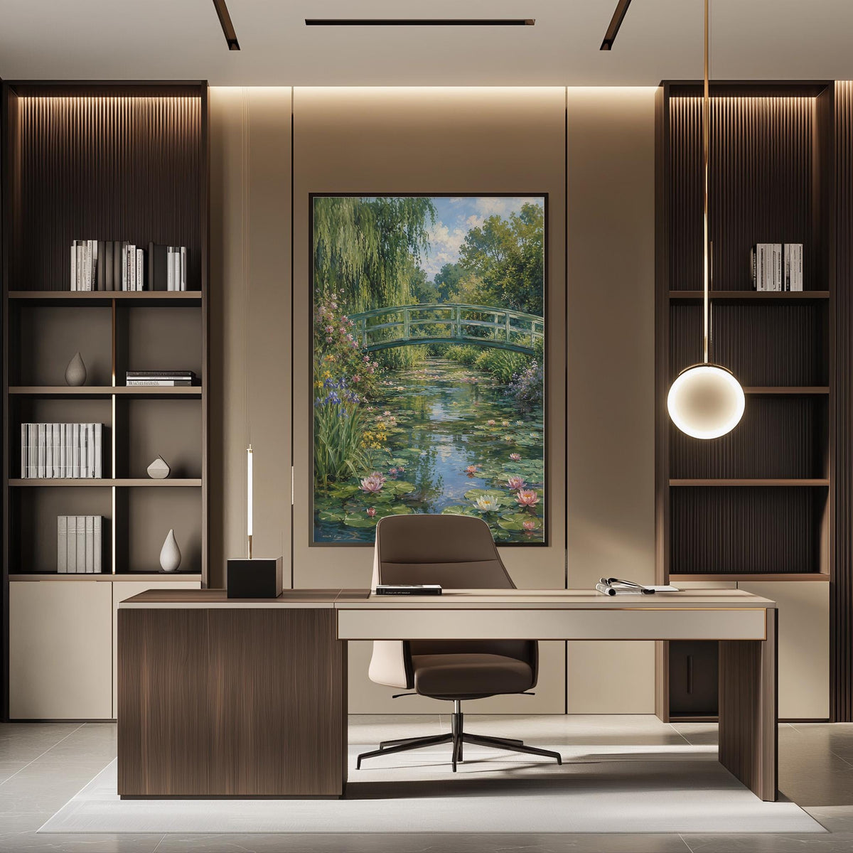 a modern office space with a large painting of a serene waterway and bridge hanging on the wall. The office features a wooden desk, a comfortable chair, and a bookshelf filled with books and decorative items.