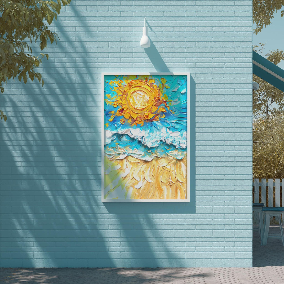 a vibrant painting of a sun and ocean scene, hanging on a blue wall.