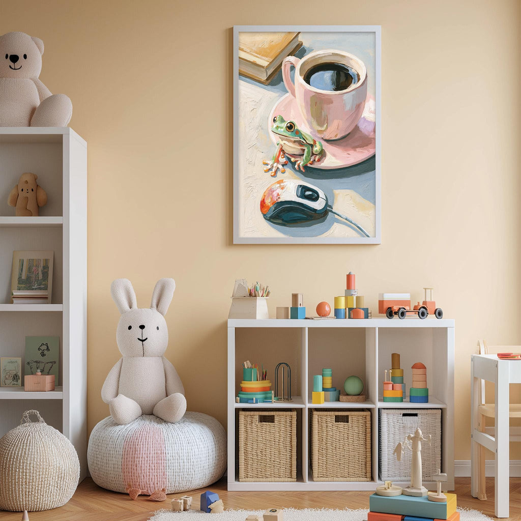 A cozy children's room with a white bookshelf, a plush rabbit, and a shelf with toys and books. A framed painting of a cup of coffee and a frog is hanging on the wall above the shelf.