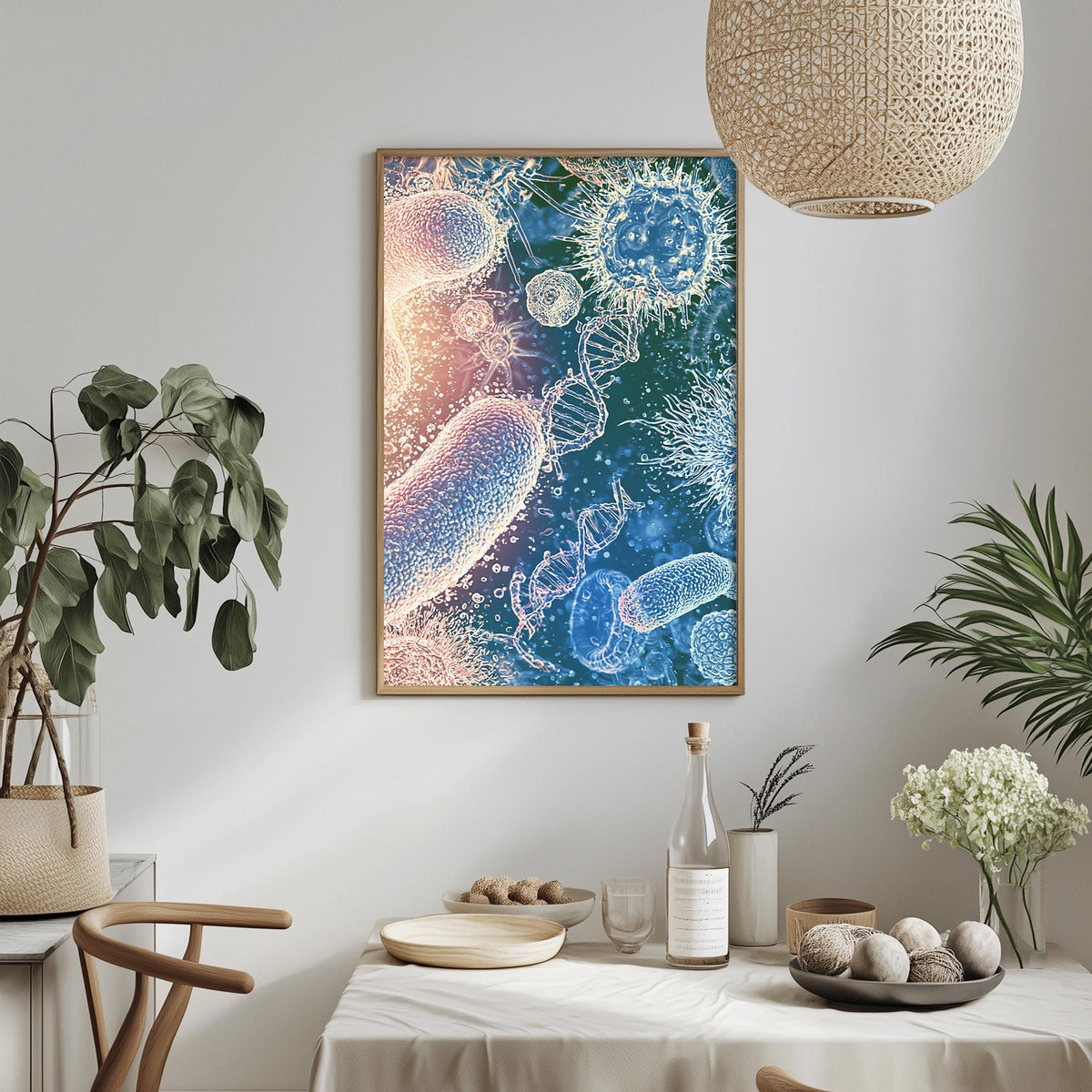 a framed artwork of colorful bacteria and viruses hanging on a wall, with a dining table and chairs in the foreground.