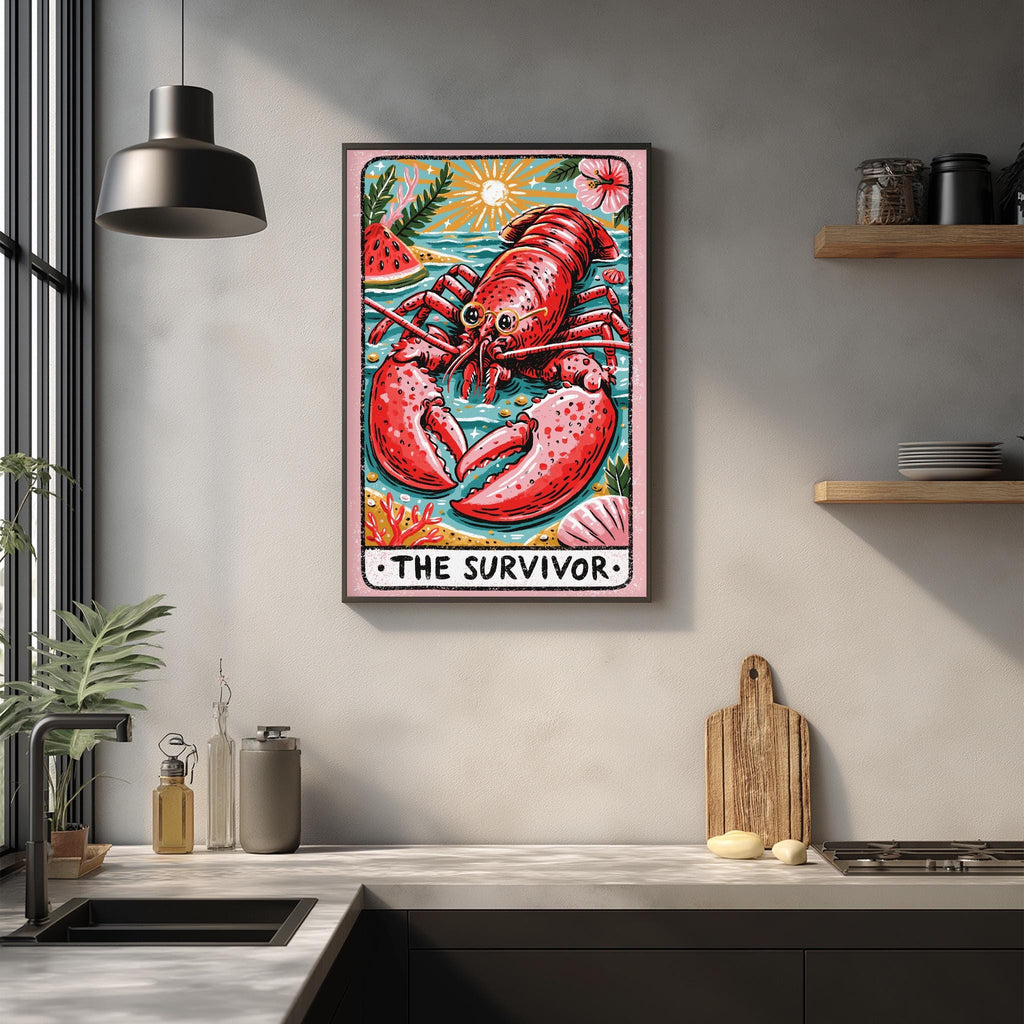 a framed illustration of a lobster, with the text "THE SURVIVOR" below it.