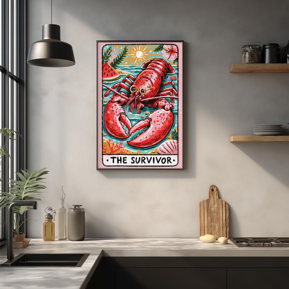 a framed illustration of a lobster, with the text "THE SURVIVOR" below it.