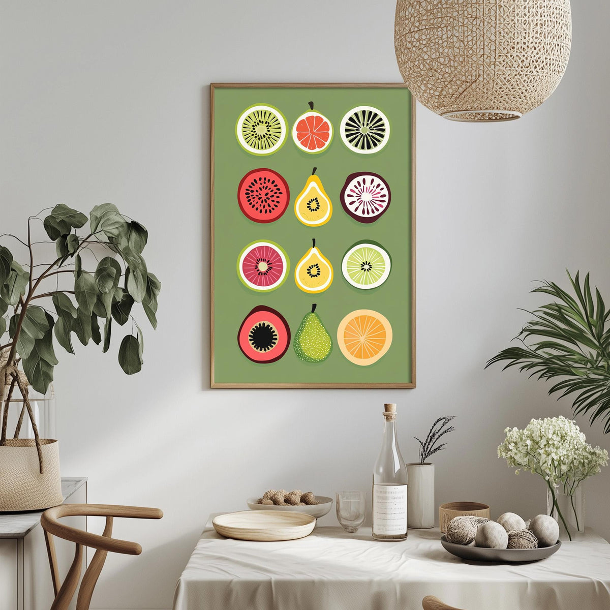 a dining table with a white tablecloth, a bowl of fruit, and a bottle of wine. Above the table, there is a framed print of fruit slices on a green background.