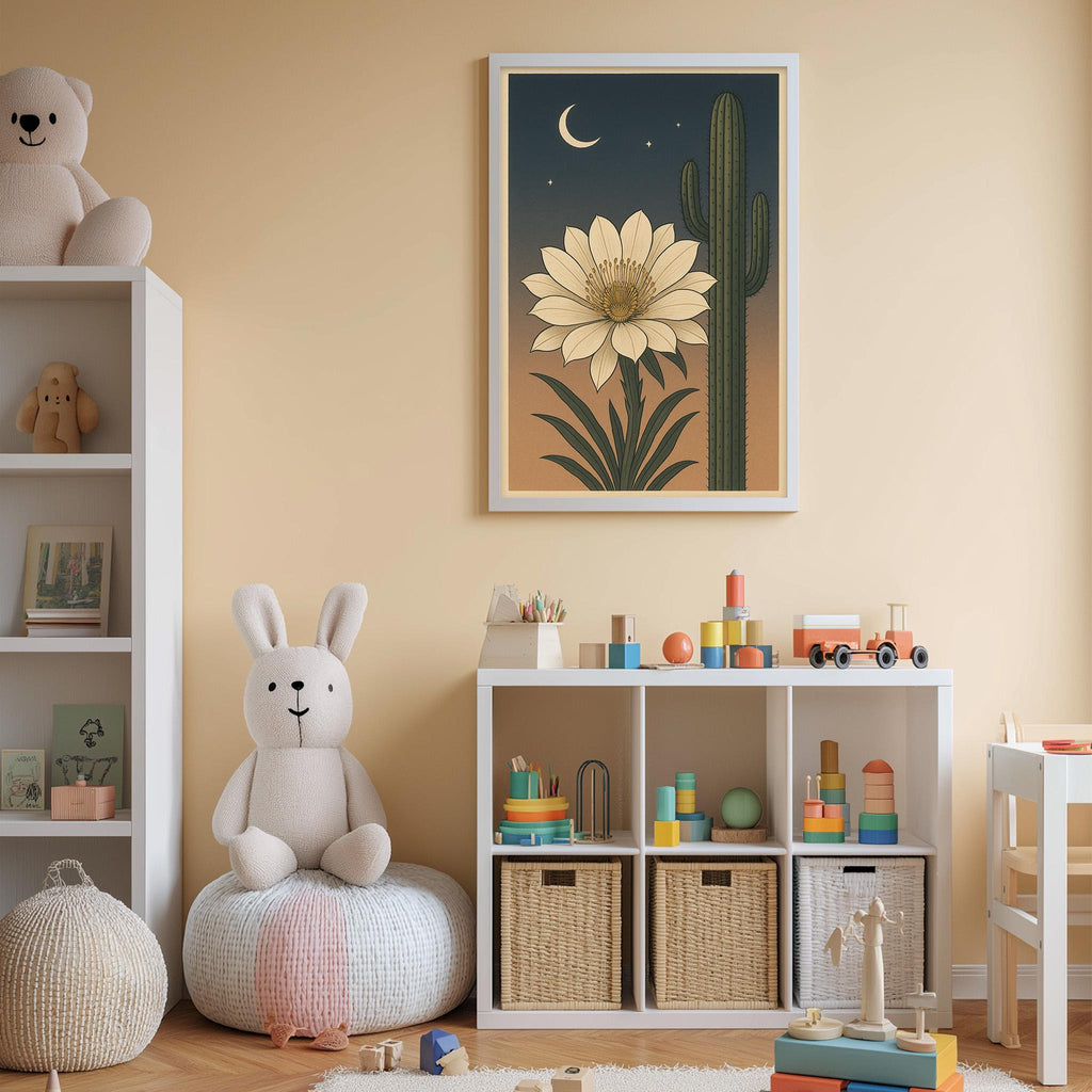 A cozy children's room with a large stuffed rabbit, a bookshelf, and a toy storage unit filled with toys and baskets. A framed picture of a cactus and a flower is hanging on the wall above the storage unit.