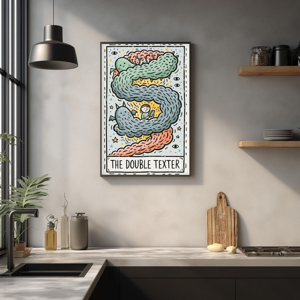 a kitchen counter with various items such as a cutting board, a soap dispenser, and a plant. Above the counter, there is a framed illustration of a colorful, whimsical creature resembling a snake or a dragon. The text "THE DOUBLE TEXTER" is displayed below the illustration.