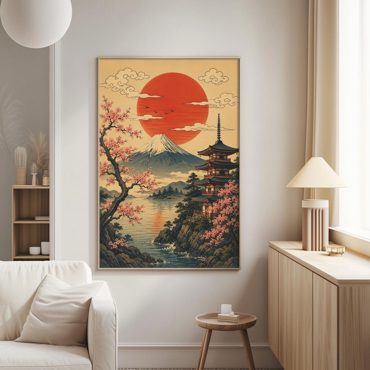 a large framed painting of a serene Japanese landscape, depicting a temple surrounded by cherry blossoms and a mountain in the background. The painting is hung on a wall in a living room setting, with a white sofa and a wooden side table visible in the foreground.