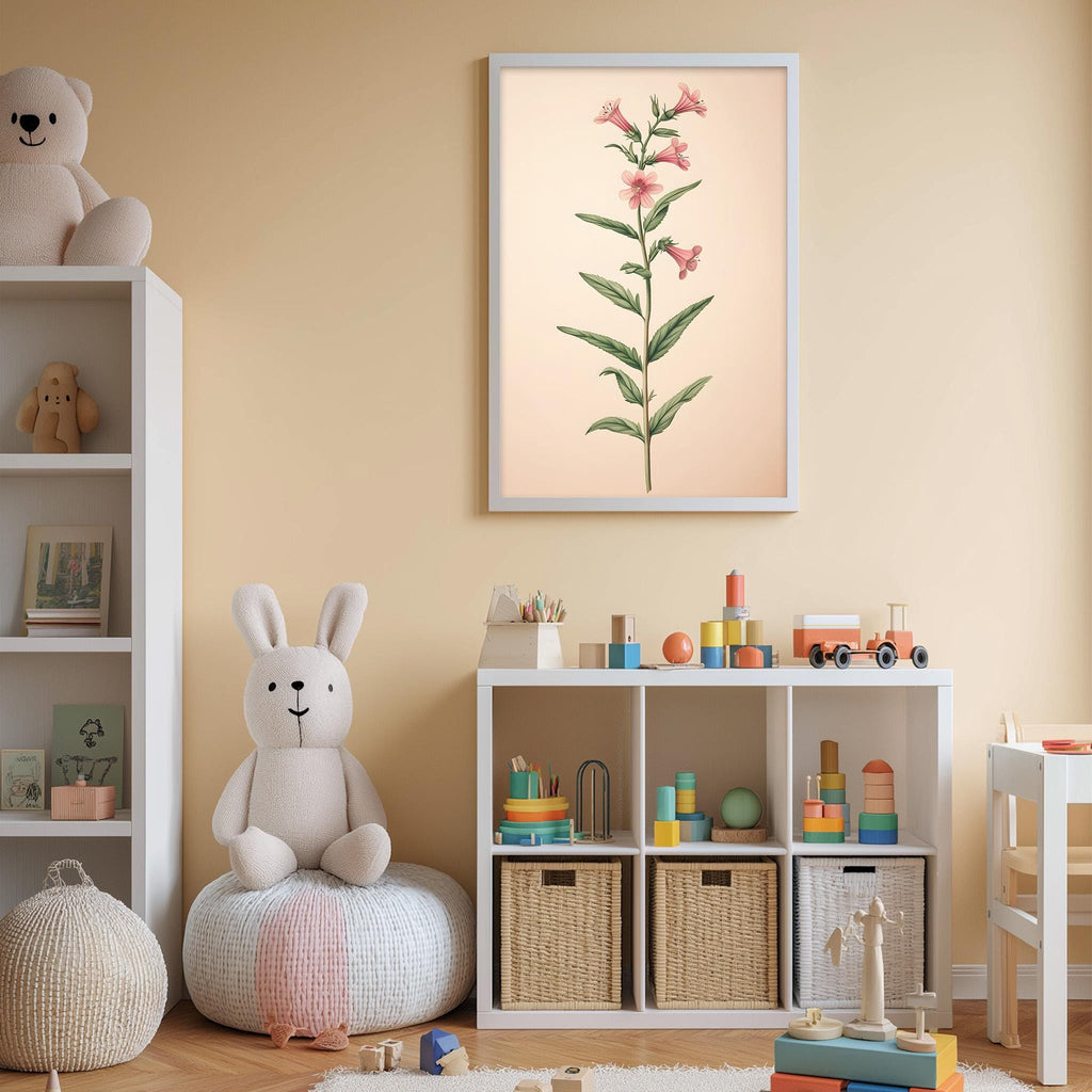 A cozy and colorful children's bedroom with a white bookshelf, a plush rabbit, and a toy train set. The walls are painted a light peach color, and there is a framed illustration of a flower on the wall.