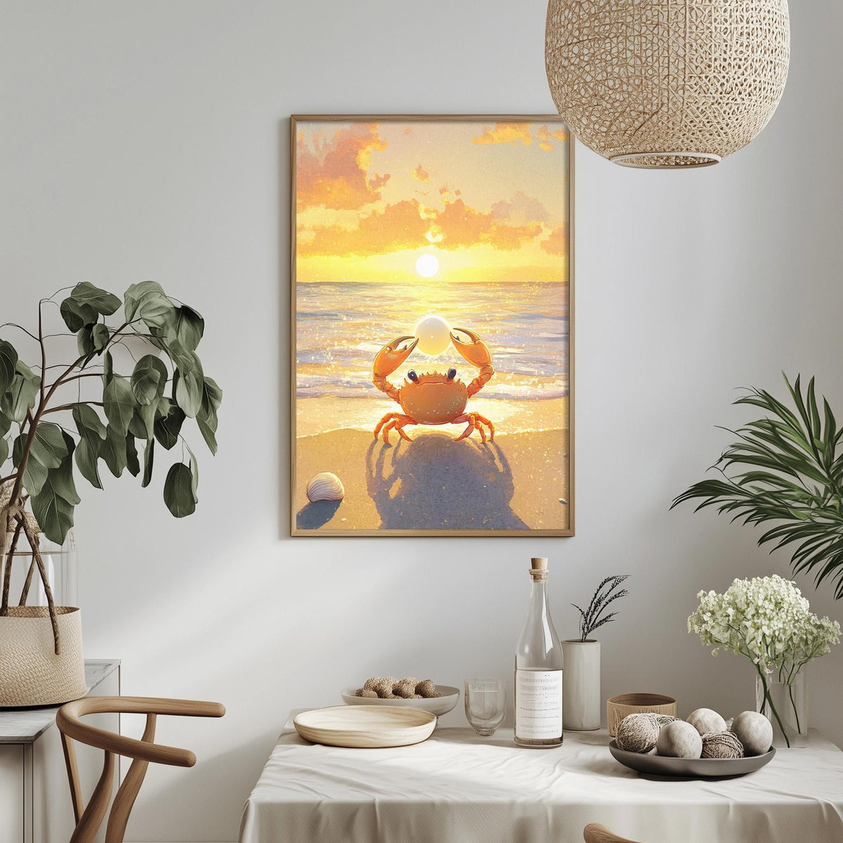 a framed painting of a crab sitting on a beach at sunset, with a bottle of wine and a bowl of fruit on a table in front of it.