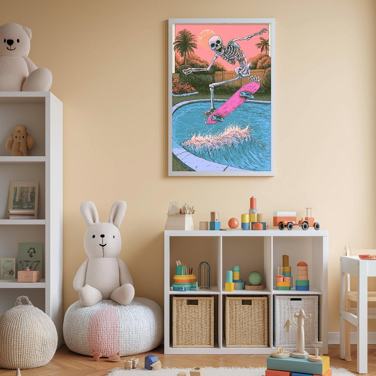 A child's bedroom with a white bookshelf, a stuffed bunny, a toy train, and a framed poster of a skeleton skateboarding on a pink skateboard.