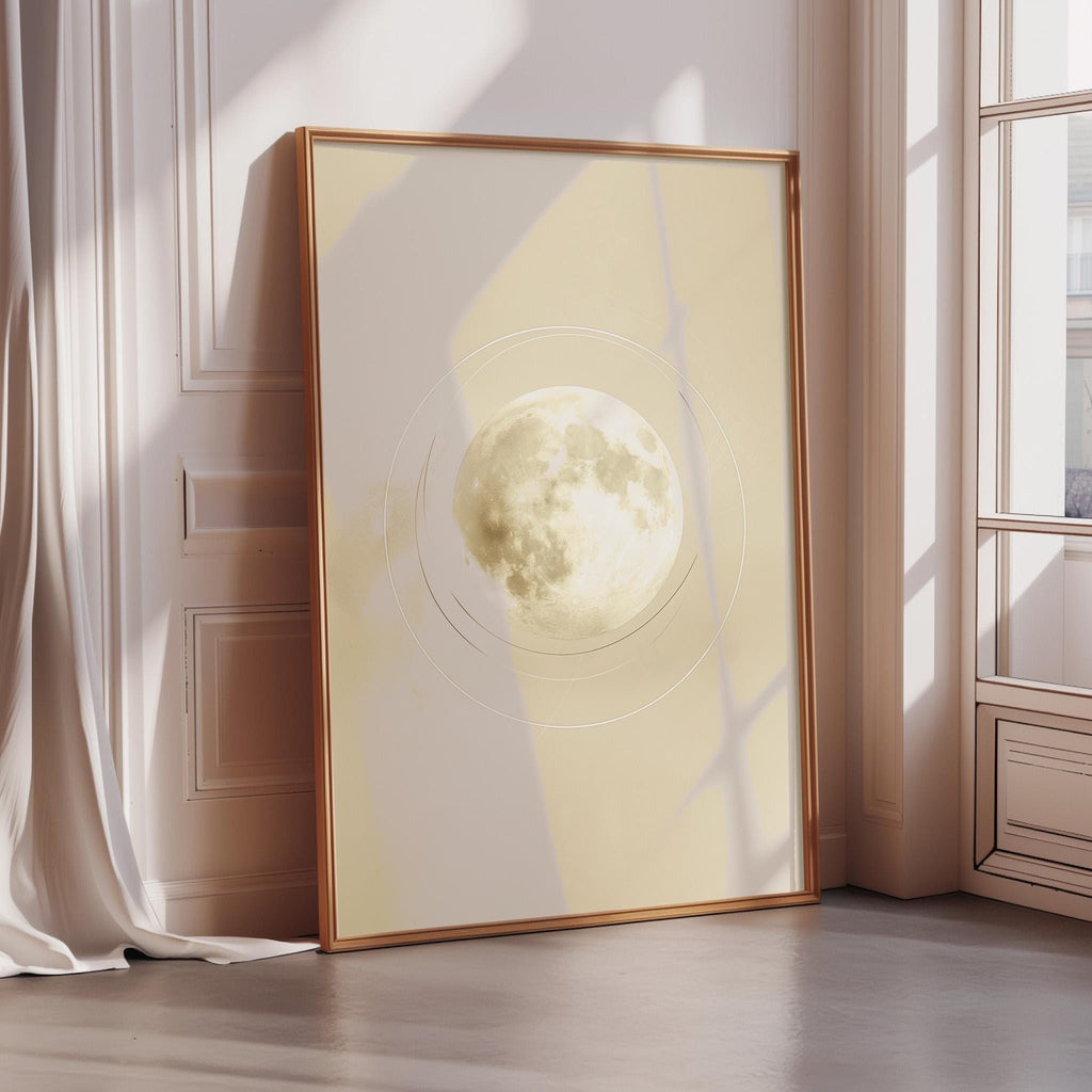 a large framed picture of a full moon on a wall, with a window and a curtain in the background.
