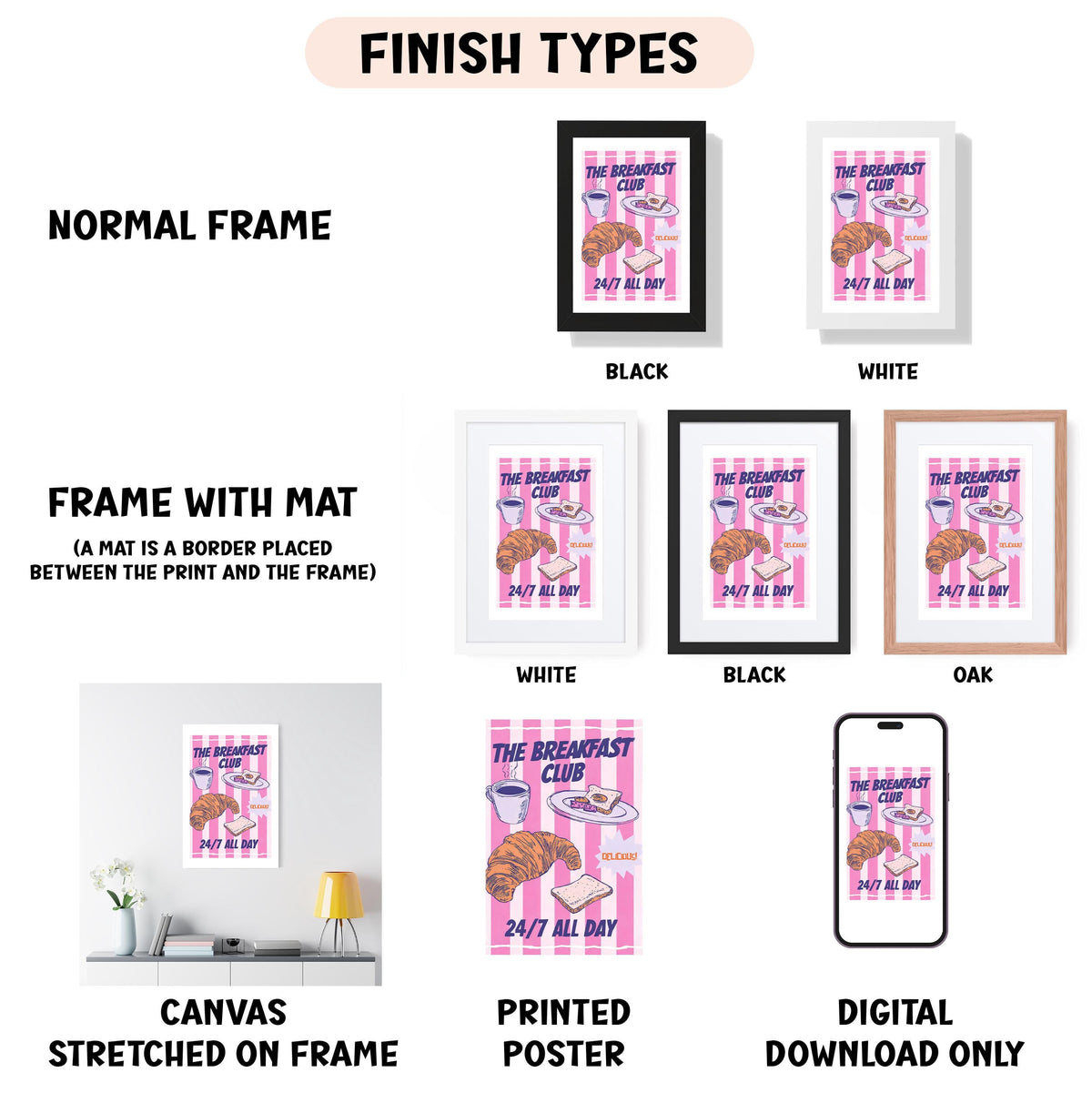 various framed prints and a canvas, all related to the "The Breakfast Club" theme. The prints include a mat placed between the print and the frame, a canvas stretched on a frame, a printed poster, and a digital download only. The text in the image is minimalistic and straightforward, focusing on the content of the prints and the frame without any additional descriptive text.