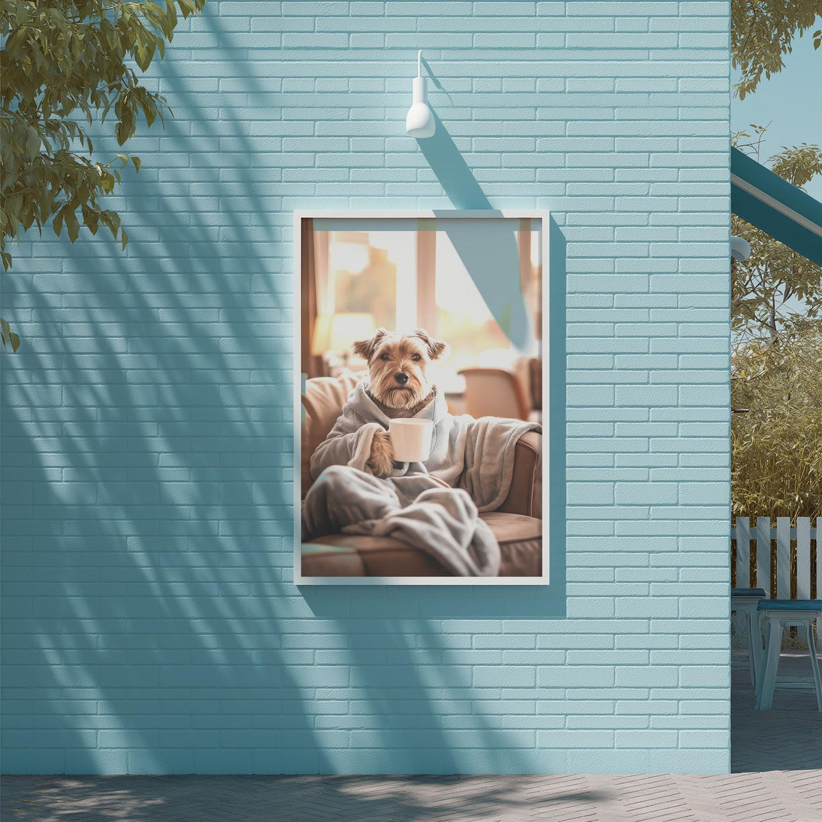 A dog is sitting on a couch, wrapped in a blanket, and holding a cup, as depicted in a framed image on a blue wall.