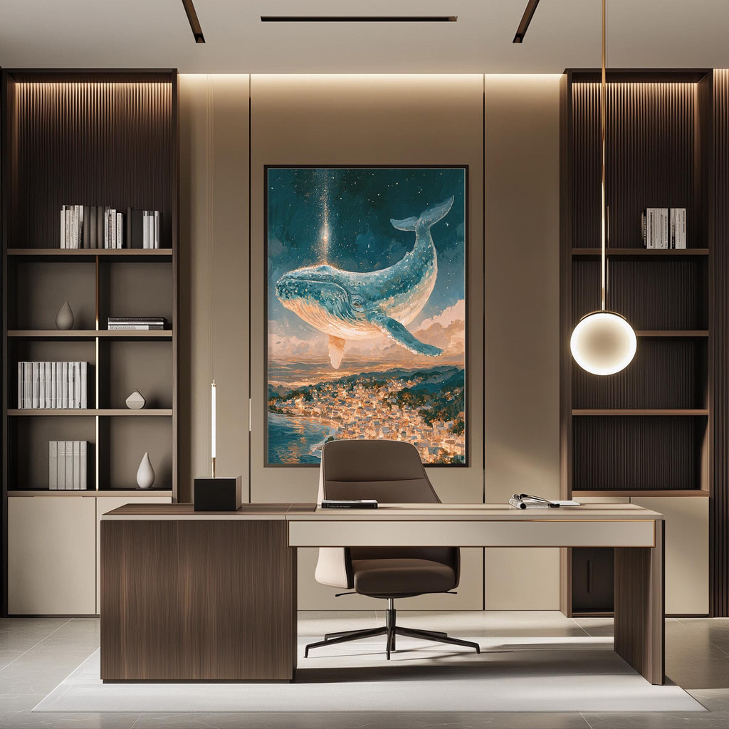 a modern office space with a large painting of a whale in the background, a wooden desk with a chair, and built-in bookshelves.
