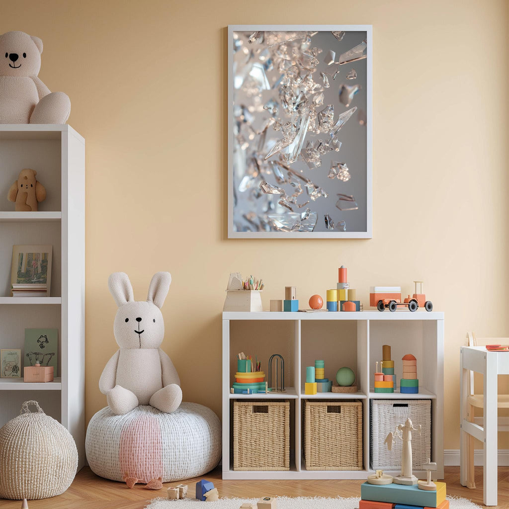 A cozy and colorful children's bedroom with a white bookshelf, a plush rabbit, and a toy train set. The walls are painted a light peach color, and there is a framed abstract art piece hanging on the wall.