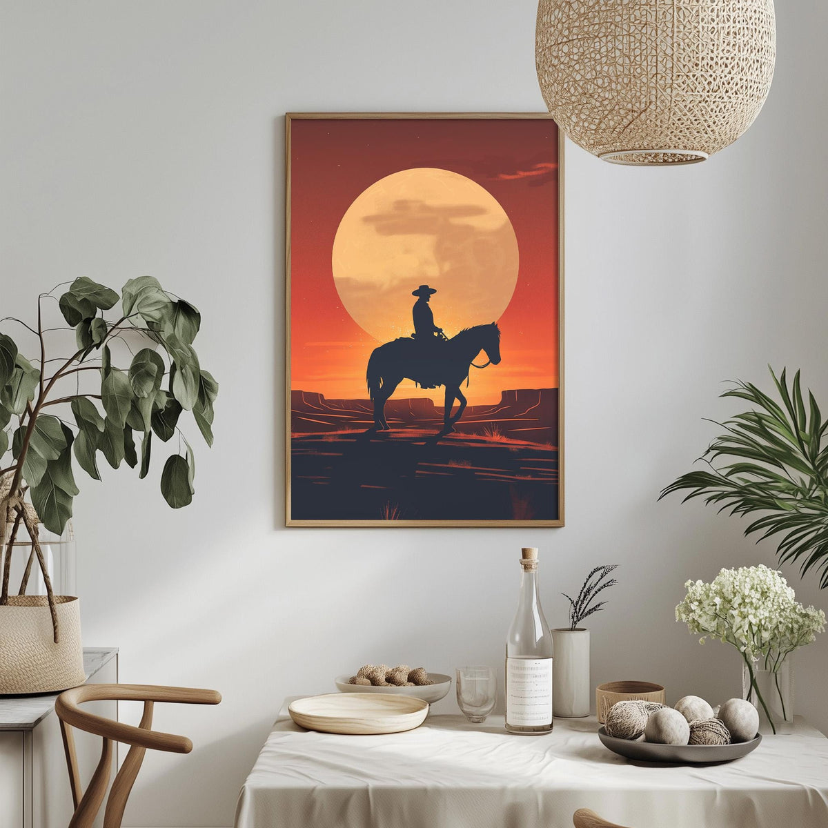 a framed poster of a cowboy riding a horse against a sunset backdrop, with a dining table and chairs in the foreground.