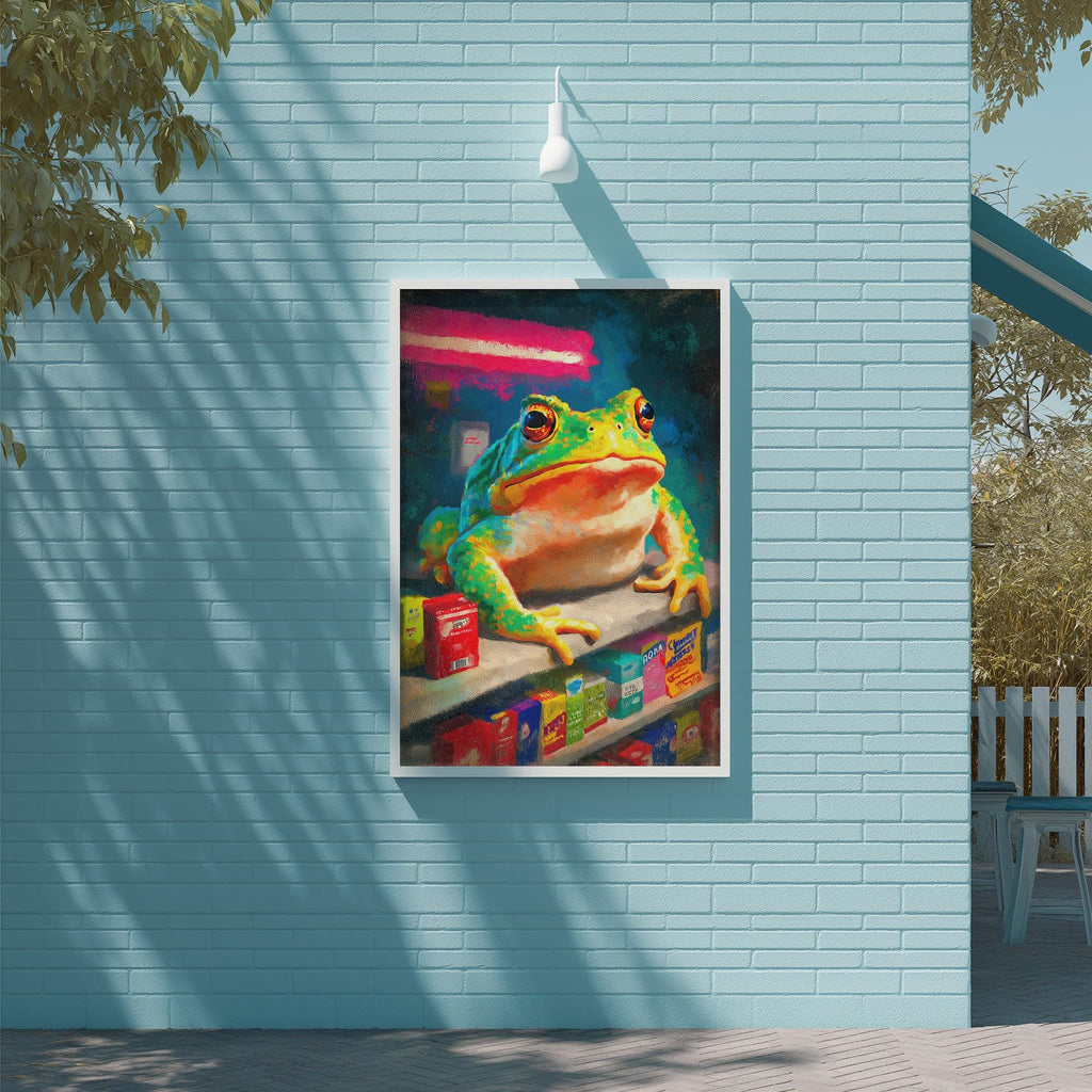 A vibrant painting of a green frog sitting on a shelf, surrounded by various colorful objects, is displayed on a blue wall.