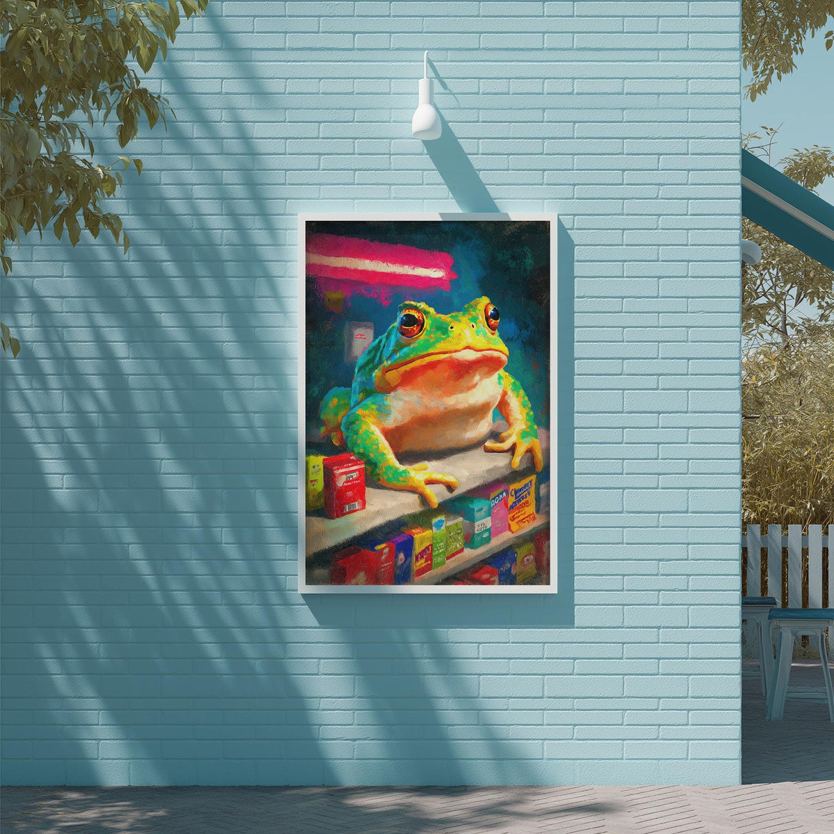 A vibrant painting of a green frog sitting on a shelf, surrounded by various colorful objects, is displayed on a blue wall.