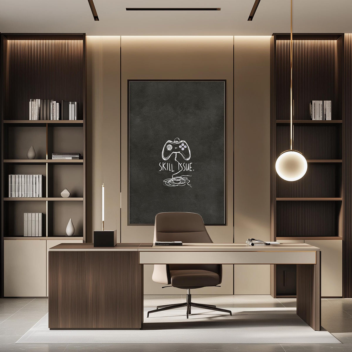 a modern and well-organized office space with a large desk, a comfortable chair, and a large blackboard with a white logo on the wall.