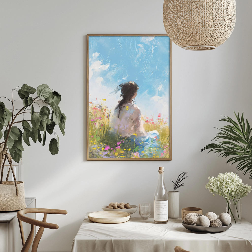 a painting of a woman sitting in a field of flowers, with a blue sky and clouds in the background. The painting is hung on a white wall above a table with various items on it, including a bottle, a bowl, and a vase.