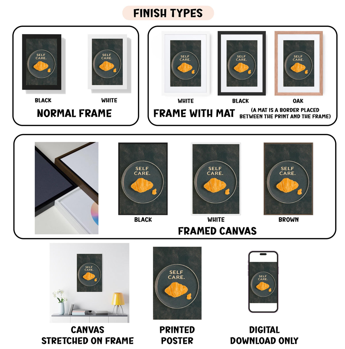 various finish types for a framed canvas print, including black, white, black, oak, white, framed canvas, brown, white, and digital download only.