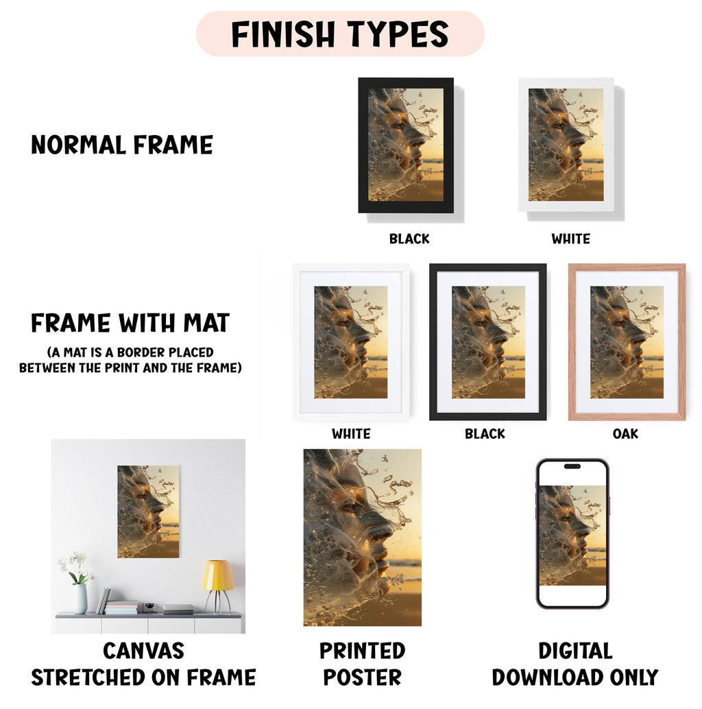 various types of artwork, including a normal frame, a frame with a mat, a white frame, a black frame, an oak frame, a white canvas stretched on a frame, a printed poster, and a digital download only.