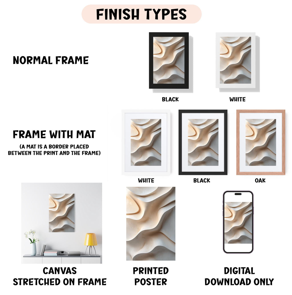 various types of artwork, including a canvas stretched on a frame, a framed poster, and a digital poster. The artwork is presented in different frame colors and styles, such as a normal frame, a black frame, a white frame, and an oak frame. The artwork is also described as a canvas stretched on a frame, a printed poster, and a digital download only. The image is a collage of multiple images, and the text provides information about the artwork, such as the finish types and the materials used.