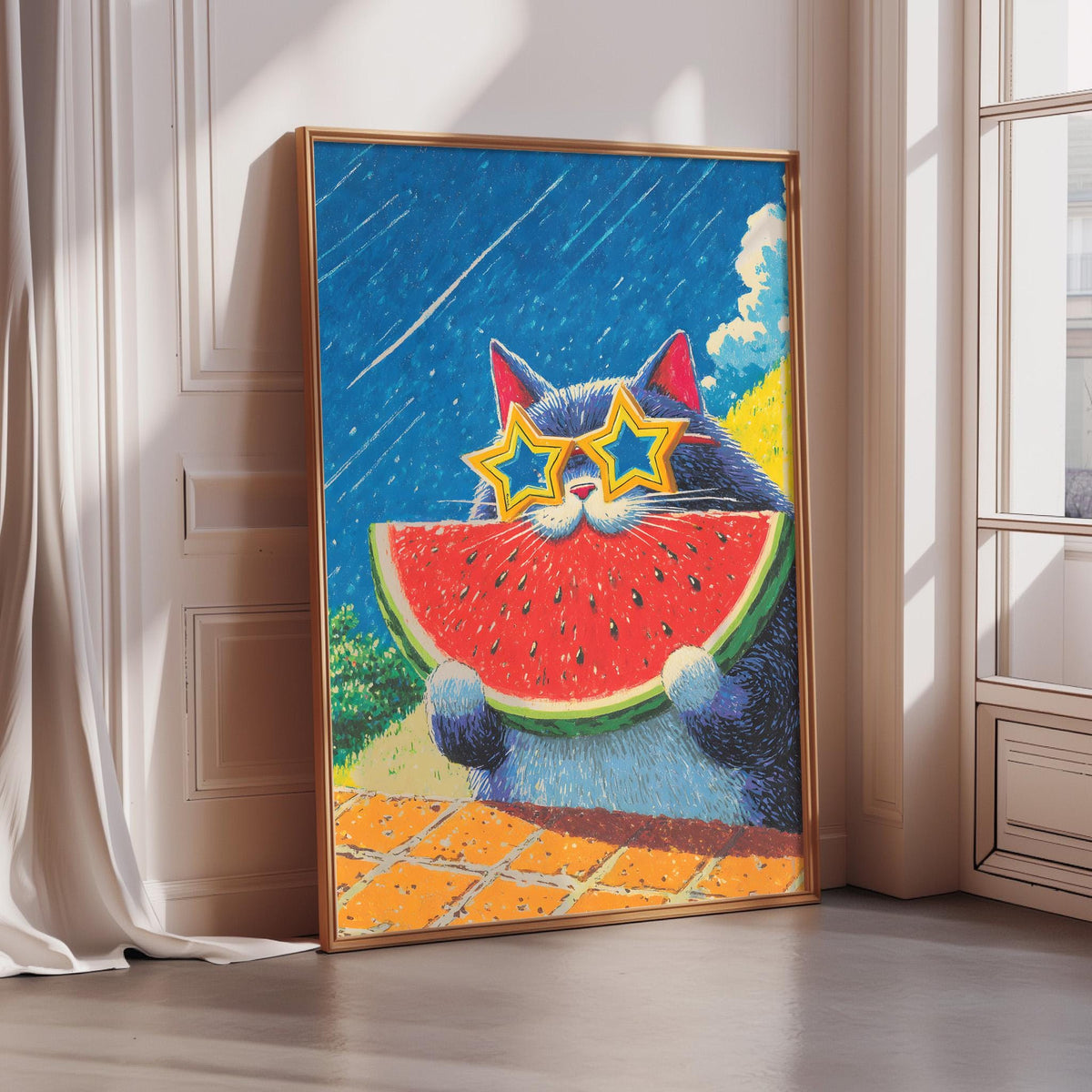 A framed painting depicting a cat wearing sunglasses and holding a slice of watermelon.