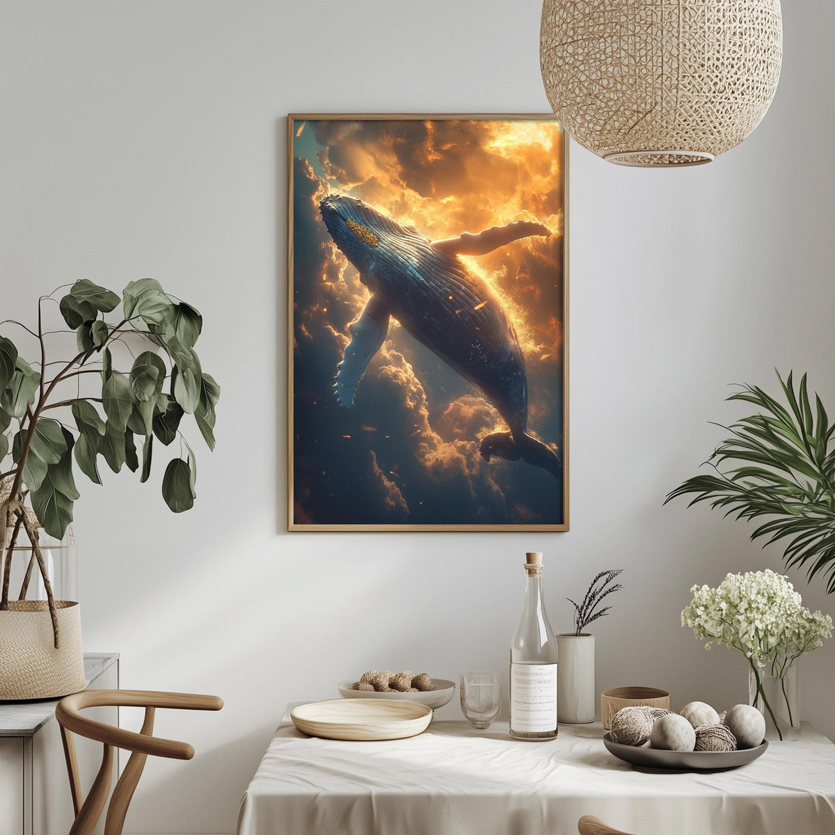 a framed painting of a whale swimming in the ocean, with a warm, golden glow from the sun shining through the clouds. The painting is hanging on a white wall above a dining table with various decorative items and plants.