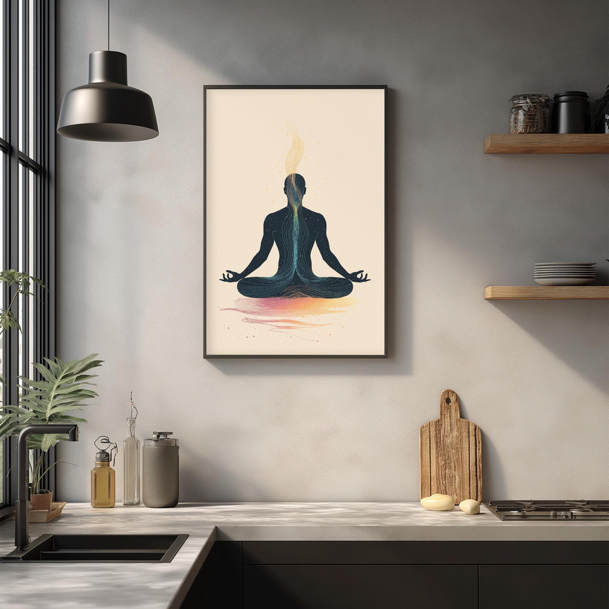 a minimalist kitchen interior with a framed illustration of a person in a meditative pose on the wall, surrounded by various kitchen items such as a cutting board, a bottle, and a bowl.