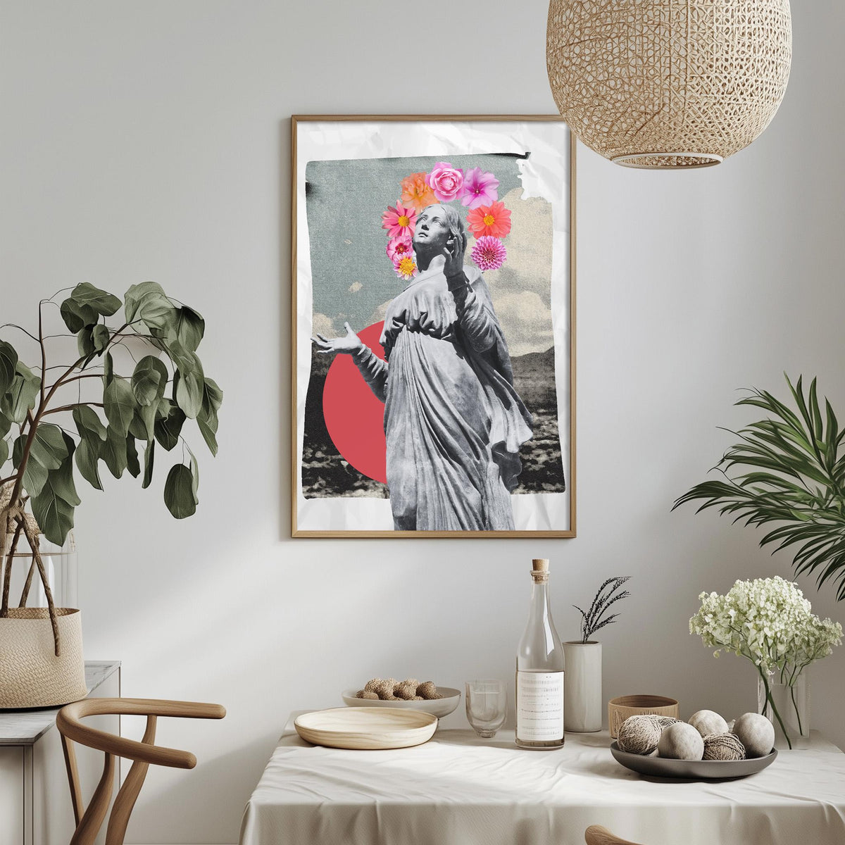 a framed collage of a woman with a floral headpiece, surrounded by various decorative elements such as potted plants, vases, and bowls.